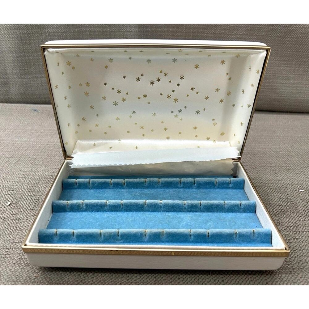 Mele Vintage Jewelry Box Blue Velvet Liner Travel Case Gold Trim MCM Design